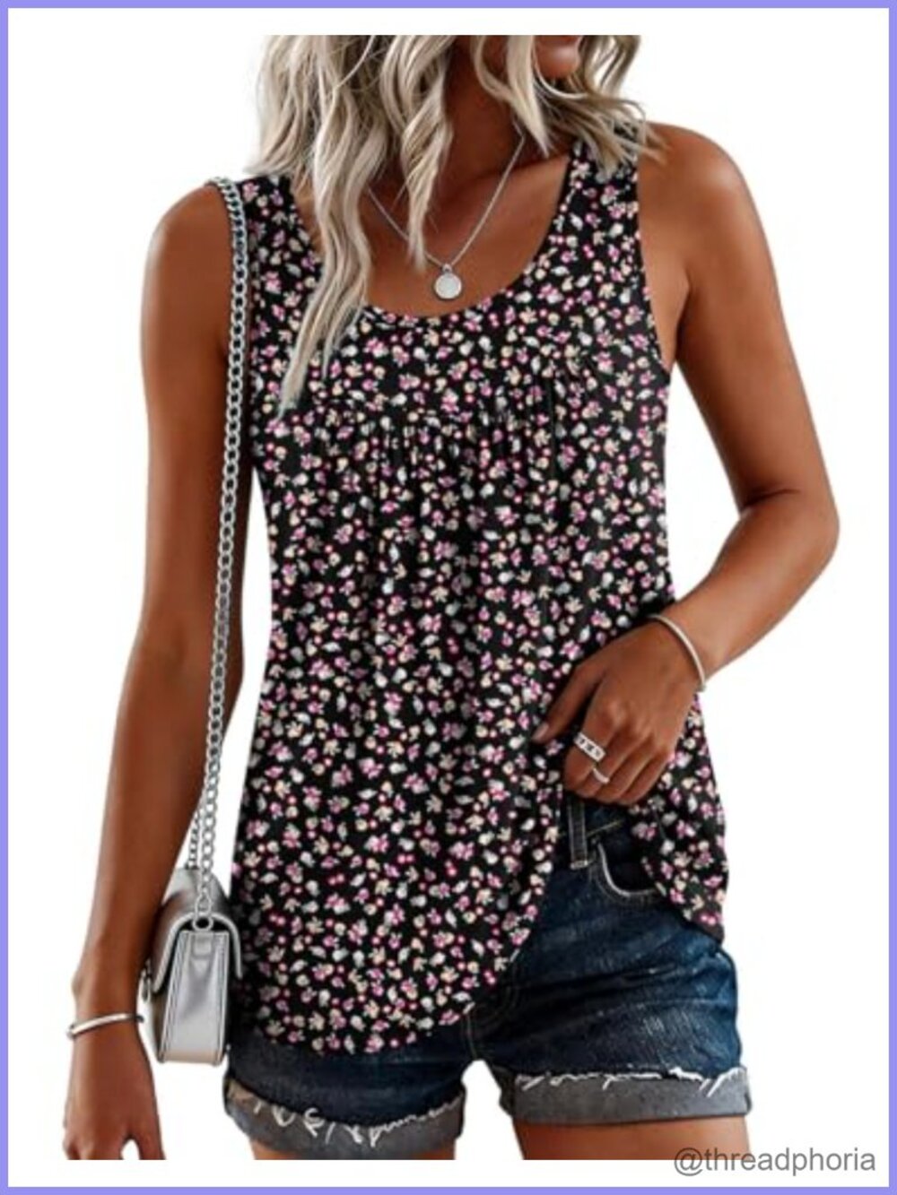 Women's Sleeveless Pleated Crewneck Tank Top Loose Fit Flowy Summer Blouse